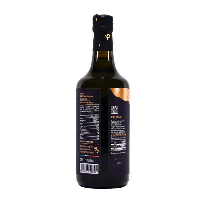 Ekologisk kallpressad Olivolja, Extra Virgin (extra jungfru), 750 ml flaska. Baksida.